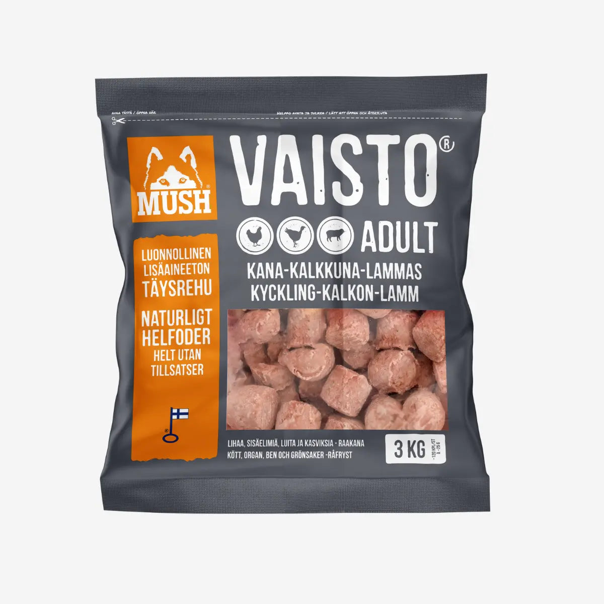 Mush Vaisto Grå foderpakke til voksne hunde 3 kg. indeholder kylling kalkun lam
